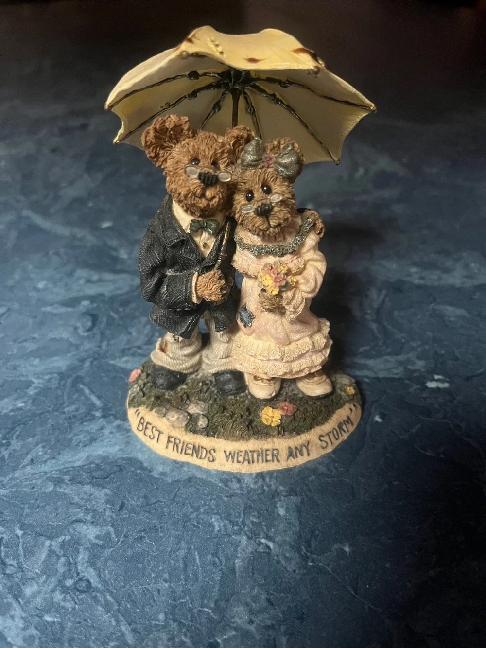 Boyds Bears Brown Couple Figurine with Yellow Umbrella and Pink Dress